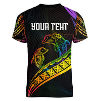 Personalised LGBT History Month Women V Neck T Shirt Proud And Happy Polynesian Dolphin LT05 - Polynesian Pride