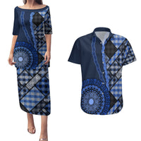 New Zealand Aotearoa Couples Matching Puletasi Dress and Hawaiian Shirt Maori Harakeke Weaving Pattern Blue LT05 Blue - Polynesian Pride