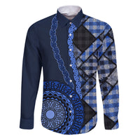 New Zealand Aotearoa Family Matching Puletasi Dress and Hawaiian Shirt Maori Harakeke Weaving Pattern Blue LT05 Dad's Shirt - Long Sleeve Blue - Polynesian Pride