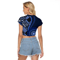 New Zealand Aotearoa Raglan Cropped T Shirt Maori Harakeke Weaving Pattern Blue LT05 - Polynesian Pride