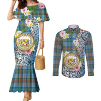Personalised Hawaii State Couples Matching Mermaid Dress and Long Sleeve Button Shirt Tropical Flowers With Tartan Pattern LT05 Blue - Polynesian Pride