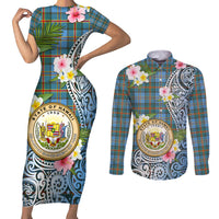 Personalised Hawaii State Couples Matching Short Sleeve Bodycon Dress and Long Sleeve Button Shirt Tropical Flowers With Tartan Pattern LT05 Blue - Polynesian Pride