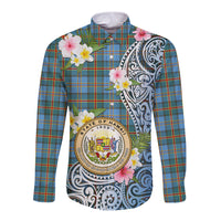 Personalised Hawaii State Long Sleeve Button Shirt Tropical Flowers With Tartan Pattern LT05 Unisex Blue - Polynesian Pride