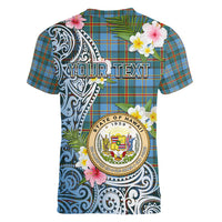 Personalised Hawaii State Women V Neck T Shirt Tropical Flowers With Tartan Pattern LT05 - Polynesian Pride