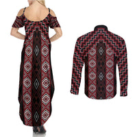 New Zealand Aotearoa Couples Matching Summer Maxi Dress and Long Sleeve Button Shirt Red Poutama With Taniko Pattern LT05
