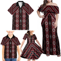 New Zealand Aotearoa Family Matching Off Shoulder Maxi Dress and Hawaiian Shirt Red Poutama With Taniko Pattern LT05 - Polynesian Pride