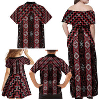 New Zealand Aotearoa Family Matching Off Shoulder Maxi Dress and Hawaiian Shirt Red Poutama With Taniko Pattern LT05 - Polynesian Pride