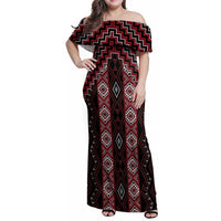 New Zealand Aotearoa Family Matching Off Shoulder Maxi Dress and Hawaiian Shirt Red Poutama With Taniko Pattern LT05 Mom's Dress Red - Polynesian Pride