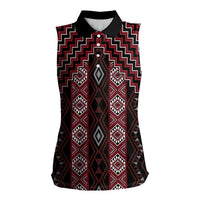 New Zealand Aotearoa Women Sleeveless Polo Shirt Red Poutama With Taniko Pattern LT05