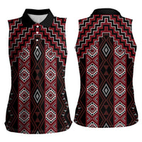New Zealand Aotearoa Women Sleeveless Polo Shirt Red Poutama With Taniko Pattern LT05