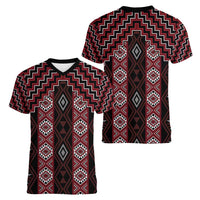 New Zealand Aotearoa Women V-Neck T-Shirt Red Poutama With Taniko Pattern LT05