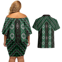 New Zealand Aotearoa Couples Matching Off Shoulder Short Dress and Hawaiian Shirt Green Poutama With Taniko Pattern LT05