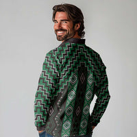 New Zealand Aotearoa Long Sleeve Polo Shirt Green Poutama With Taniko Pattern LT05
