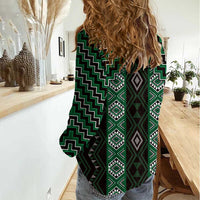 New Zealand Aotearoa Women Casual Shirt Green Poutama With Taniko Pattern LT05