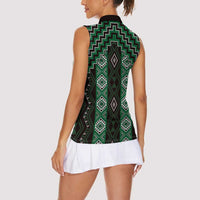 New Zealand Aotearoa Women Sleeveless Polo Shirt Green Poutama With Taniko Pattern LT05