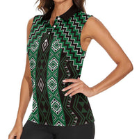 New Zealand Aotearoa Women Sleeveless Polo Shirt Green Poutama With Taniko Pattern LT05