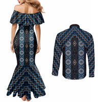 New Zealand Aotearoa Couples Matching Mermaid Dress and Long Sleeve Button Shirt Blue Poutama With Taniko Pattern LT05