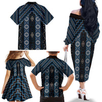 New Zealand Aotearoa Family Matching Off The Shoulder Long Sleeve Dress and Hawaiian Shirt Blue Poutama With Taniko Pattern LT05 - Polynesian Pride