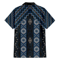 New Zealand Aotearoa Family Matching Off The Shoulder Long Sleeve Dress and Hawaiian Shirt Blue Poutama With Taniko Pattern LT05 - Polynesian Pride