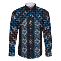 New Zealand Aotearoa Family Matching Off The Shoulder Long Sleeve Dress and Hawaiian Shirt Blue Poutama With Taniko Pattern LT05 Dad's Shirt - Long Sleeve Blue - Polynesian Pride