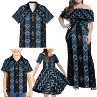 New Zealand Aotearoa Family Matching Off Shoulder Maxi Dress and Hawaiian Shirt Blue Poutama With Taniko Pattern LT05 - Polynesian Pride