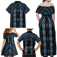New Zealand Aotearoa Family Matching Off Shoulder Maxi Dress and Hawaiian Shirt Blue Poutama With Taniko Pattern LT05 - Polynesian Pride