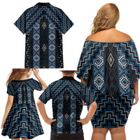 New Zealand Aotearoa Family Matching Off Shoulder Short Dress and Hawaiian Shirt Blue Poutama With Taniko Pattern LT05 - Polynesian Pride