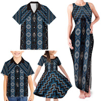 New Zealand Aotearoa Family Matching Tank Maxi Dress and Hawaiian Shirt Blue Poutama With Taniko Pattern LT05 - Polynesian Pride