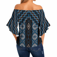 New Zealand Aotearoa Off Shoulder Wrap Waist Top Blue Poutama With Taniko Pattern LT05 - Polynesian Pride