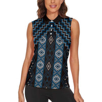 New Zealand Aotearoa Women Sleeveless Polo Shirt Blue Poutama With Taniko Pattern LT05