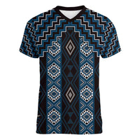 New Zealand Aotearoa Women V-Neck T-Shirt Blue Poutama With Taniko Pattern LT05