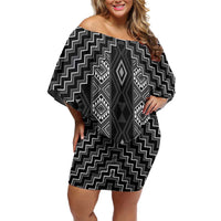New Zealand Aotearoa Family Matching Off Shoulder Short Dress and Hawaiian Shirt Black Poutama With Taniko Pattern LT05 Mom's Dress Black - Polynesian Pride