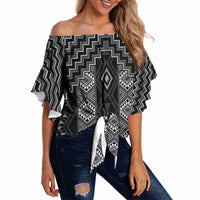 New Zealand Aotearoa Off Shoulder Wrap Waist Top Black Poutama With Taniko Pattern LT05 - Polynesian Pride