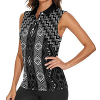 New Zealand Aotearoa Women Sleeveless Polo Shirt Black Poutama With Taniko Pattern LT05