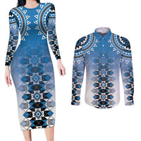 New Zealand Couples Matching Long Sleeve Bodycon Dress and Long Sleeve Button Shirt Poutama Mix Blue Taniko Inspired Art LT05 Blue - Polynesian Pride