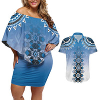 New Zealand Couples Matching Off Shoulder Short Dress and Hawaiian Shirt Poutama Mix Blue Taniko Inspired Art LT05 Blue - Polynesian Pride