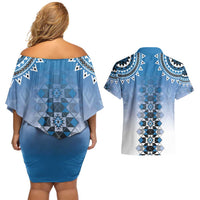 New Zealand Couples Matching Off Shoulder Short Dress and Hawaiian Shirt Poutama Mix Blue Taniko Inspired Art LT05 - Polynesian Pride