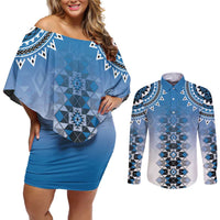New Zealand Couples Matching Off Shoulder Short Dress and Long Sleeve Button Shirt Poutama Mix Blue Taniko Inspired Art LT05