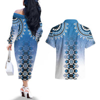New Zealand Couples Matching Off The Shoulder Long Sleeve Dress and Hawaiian Shirt Poutama Mix Blue Taniko Inspired Art LT05 - Polynesian Pride