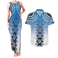 New Zealand Couples Matching Tank Maxi Dress and Hawaiian Shirt Poutama Mix Blue Taniko Inspired Art LT05 Blue - Polynesian Pride