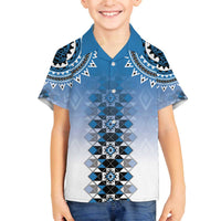New Zealand Family Matching Off The Shoulder Long Sleeve Dress and Hawaiian Shirt Poutama Mix Blue Taniko Inspired Art LT05 Son's Shirt Blue - Polynesian Pride