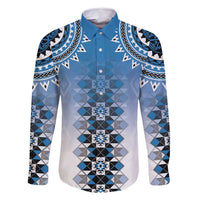 New Zealand Family Matching Off Shoulder Maxi Dress and Hawaiian Shirt Poutama Mix Blue Taniko Inspired Art LT05 Dad's Shirt - Long Sleeve Blue - Polynesian Pride