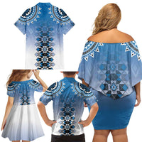New Zealand Family Matching Off Shoulder Short Dress and Hawaiian Shirt Poutama Mix Blue Taniko Inspired Art LT05 - Polynesian Pride