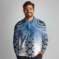 New Zealand Long Sleeve Polo Shirt Poutama Mix Blue Taniko Inspired Art LT05