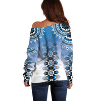 New Zealand Off Shoulder Sweater Poutama Mix Blue Taniko Inspired Art LT05 - Polynesian Pride