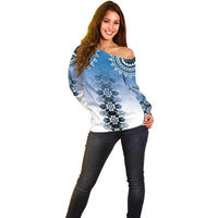 New Zealand Off Shoulder Sweater Poutama Mix Blue Taniko Inspired Art LT05 - Polynesian Pride