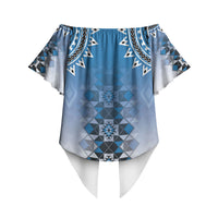 New Zealand Off Shoulder Wrap Waist Top Poutama Mix Blue Taniko Inspired Art LT05 - Polynesian Pride