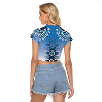 New Zealand Raglan Cropped T Shirt Poutama Mix Blue Taniko Inspired Art LT05