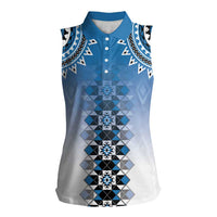 New Zealand Women Sleeveless Polo Shirt Poutama Mix Blue Taniko Inspired Art LT05