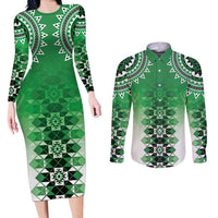 New Zealand Couples Matching Long Sleeve Bodycon Dress and Long Sleeve Button Shirt Poutama Mix Green Taniko Inspired Art LT05 Green - Polynesian Pride
